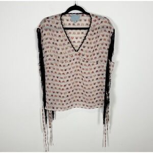 Skies Are Blue Elephant Fringe Women's Blouse Top, Boho, Large